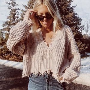 Cream frayed cropped sweater